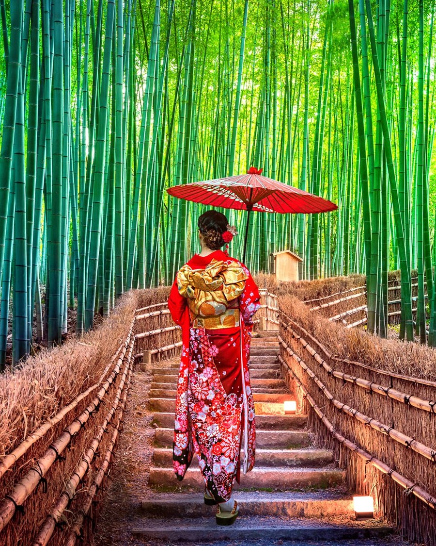 A woman in a red kimono with a parasol walking through the Arashiyama bamboo grove