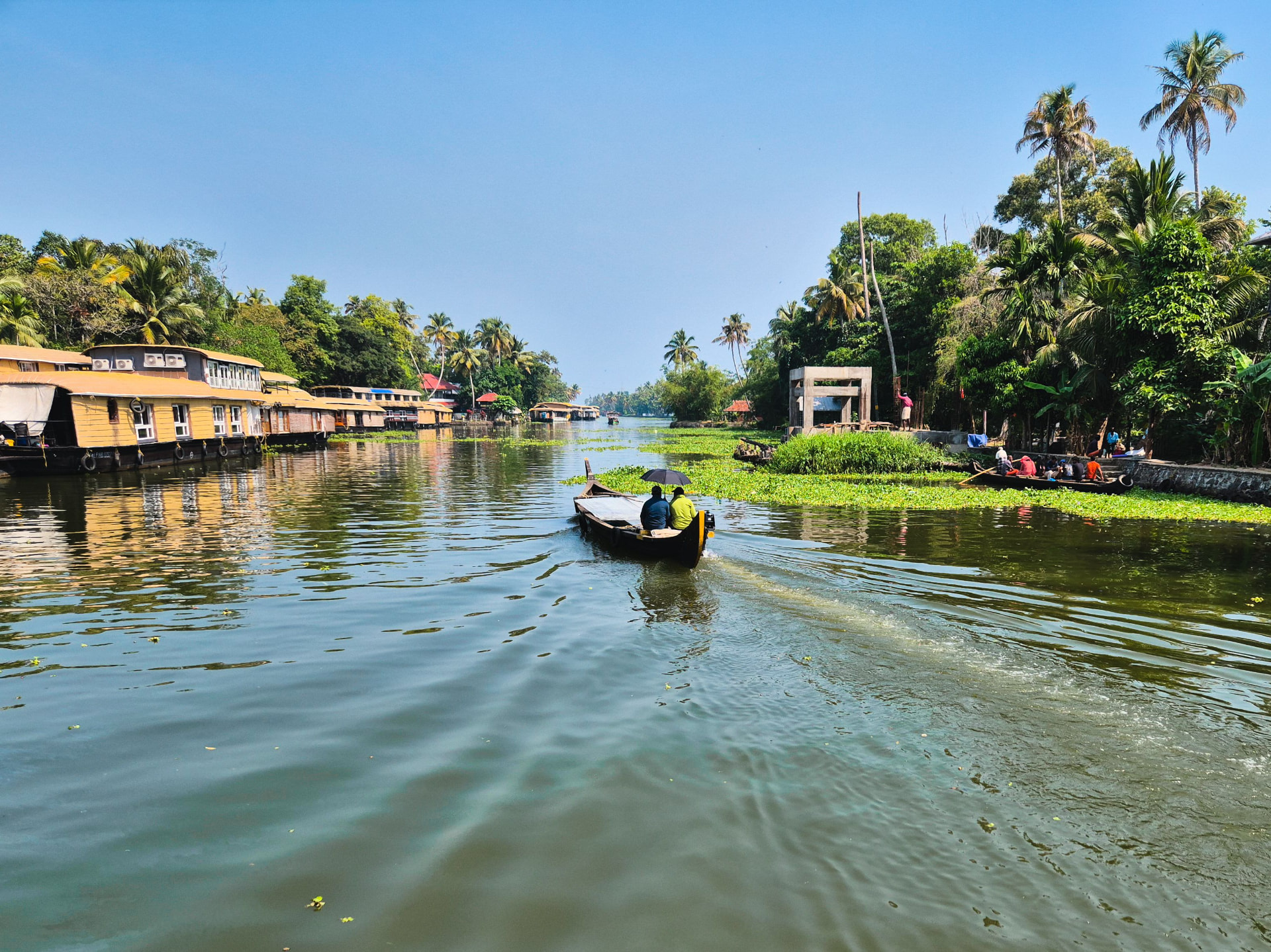 A small boat on a palm-lined Kerala backwater