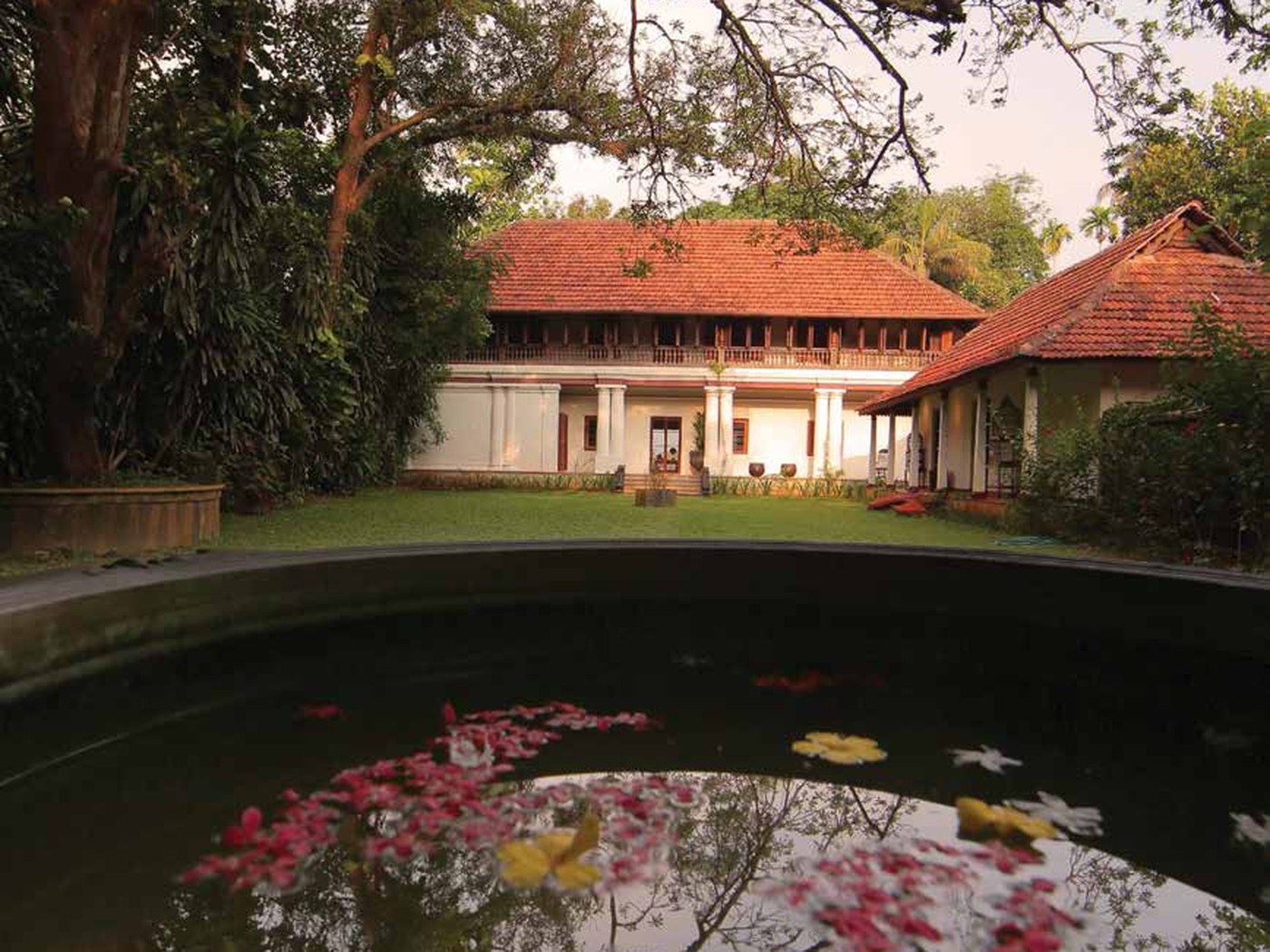 Lotus pond in front of Chittoor Kottaram at dusk