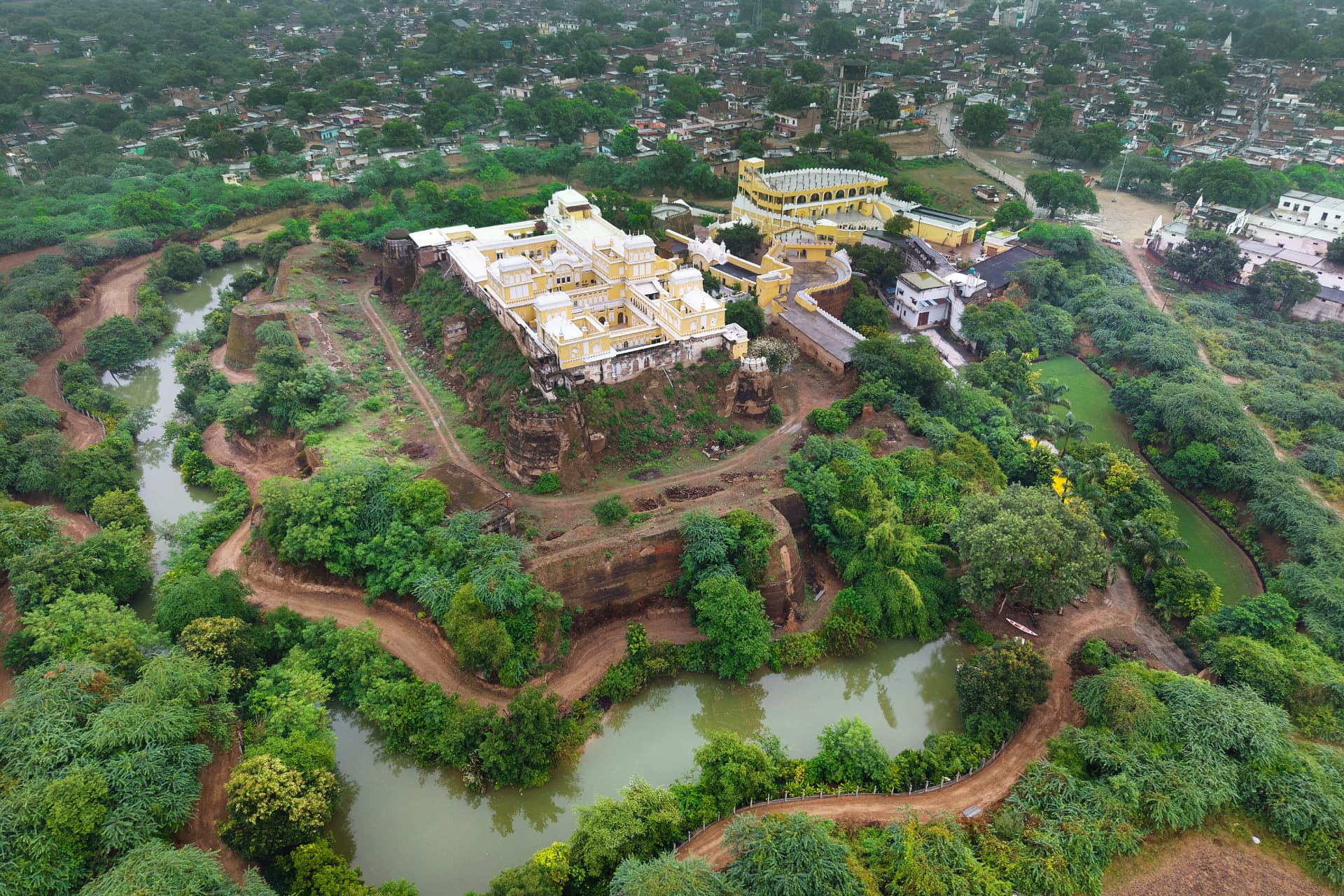 Aerial view of Fort Rampura and its moat in Bundelkhand, Uttar Pradesh