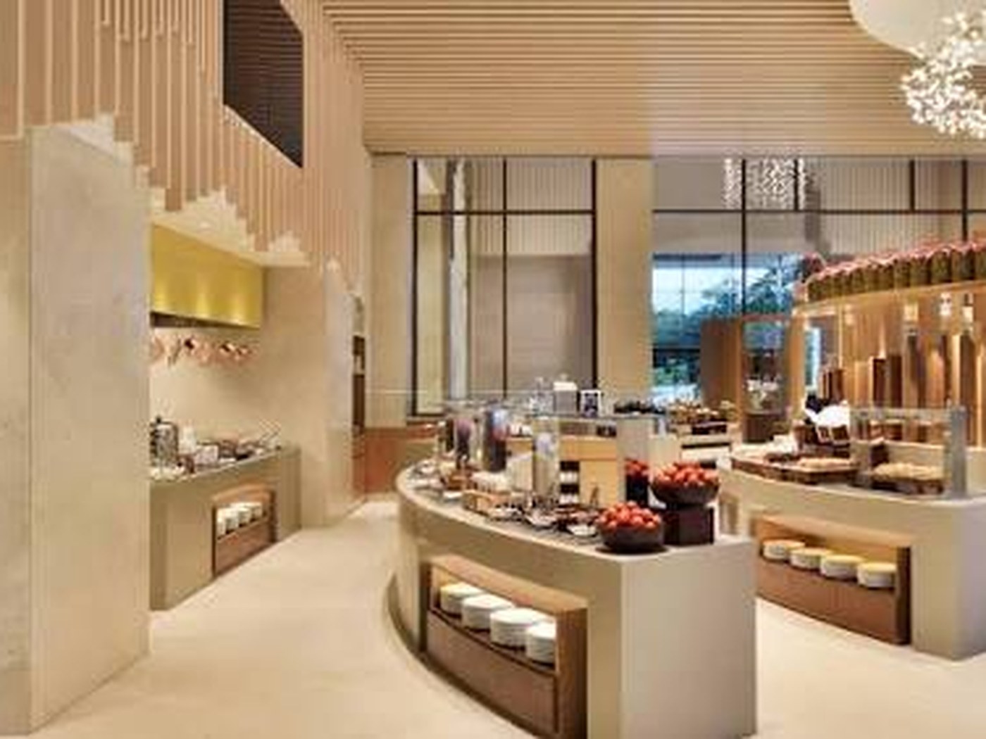 Buffet counters and dining room at Marriott Madurai