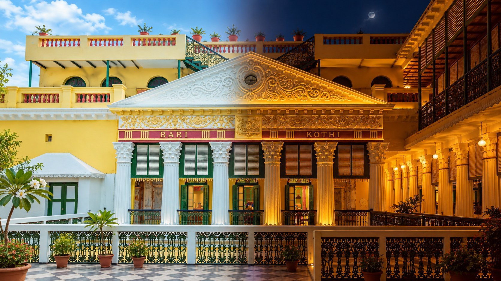 The restored facade of Bari Kothi in Azimganj, West Bengal
