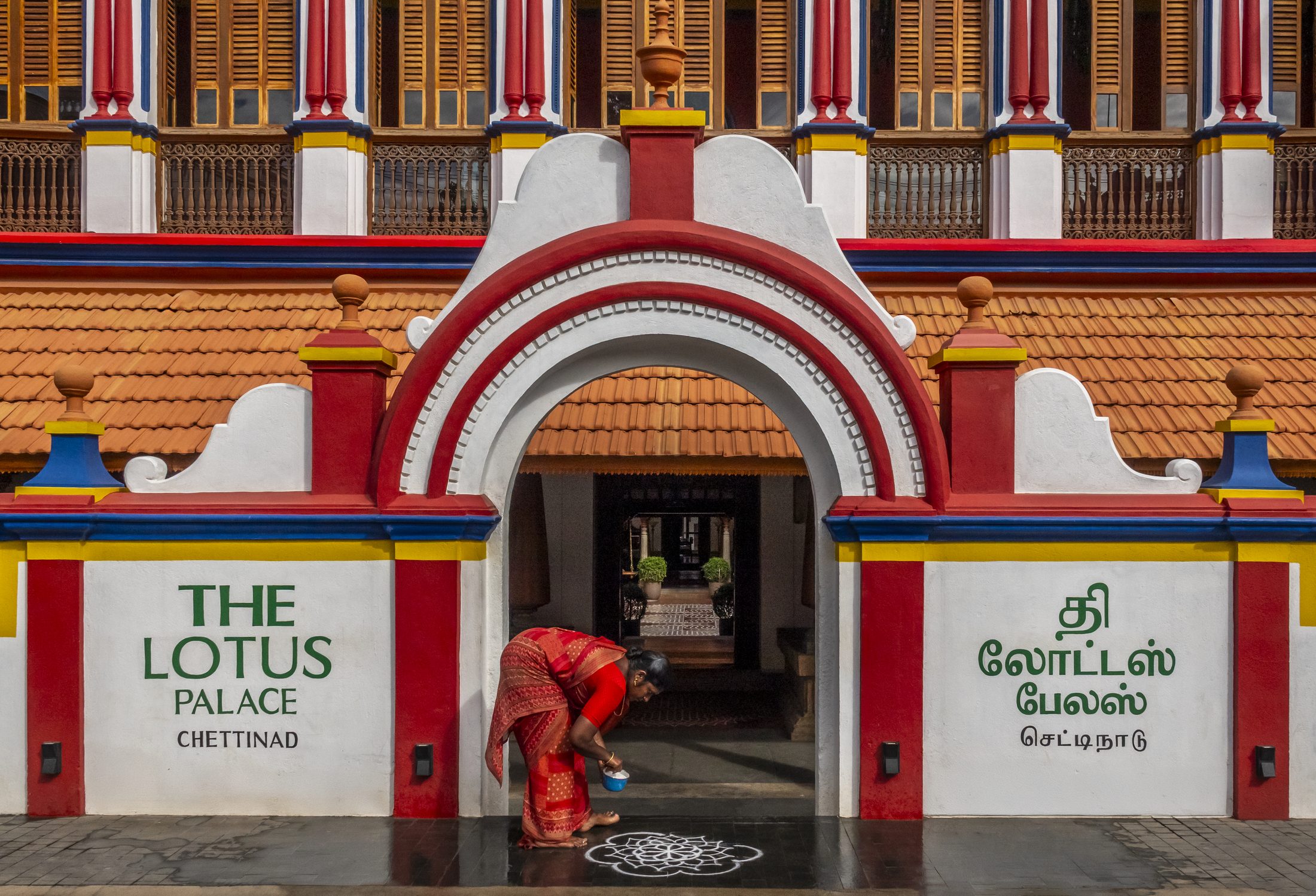 Kolam entrance at The Lotus Palace Chettinad