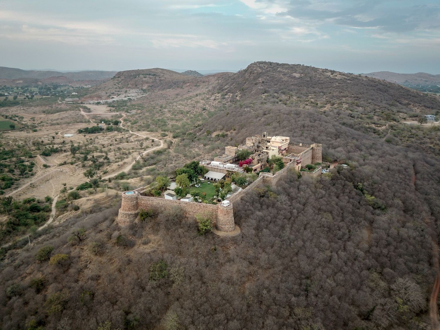 Aerial view of Ramathra Fort on a hilltop in Rajasthan