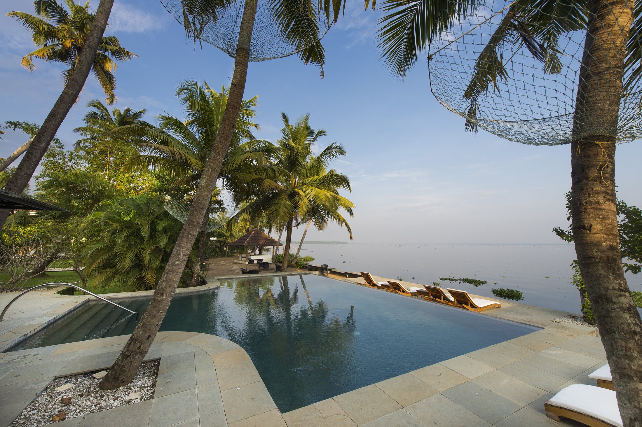 Infinity pool and palms at The Purity at Lake Vembanad