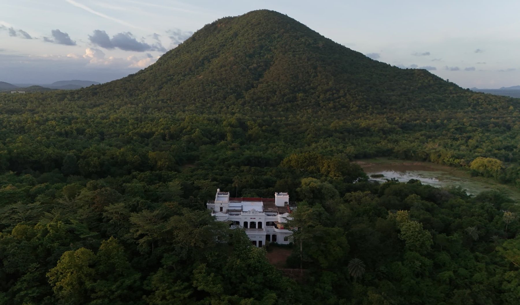 Aerial view of Gajlaxmi Palace beneath Megha Hill near Dhenkanal, Odisha