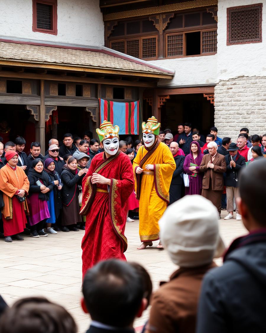 Masked cham dancers at a tshechu festival in a dzong courtyard