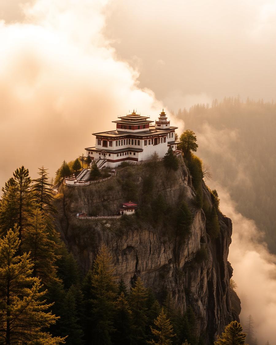 Tiger's Nest monastery on a cliff above pine forest in Paro