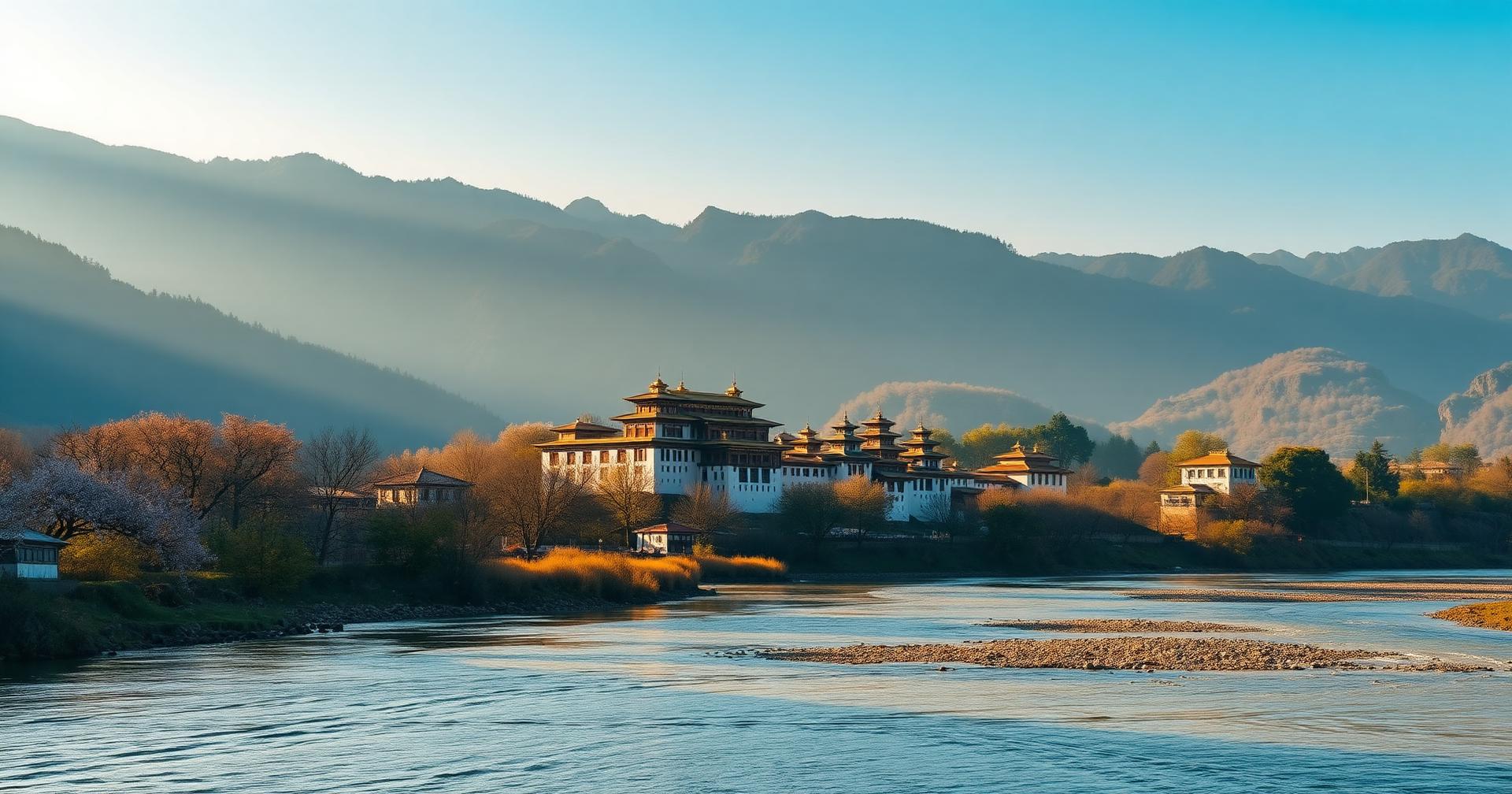 Punakha Dzong beside the river in Bhutan with Himalayan foothills behind