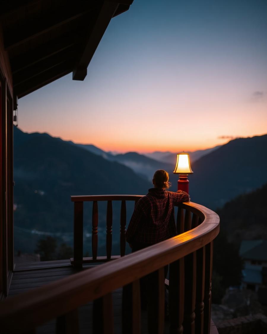 A lodge balcony above the Paro valley at dusk