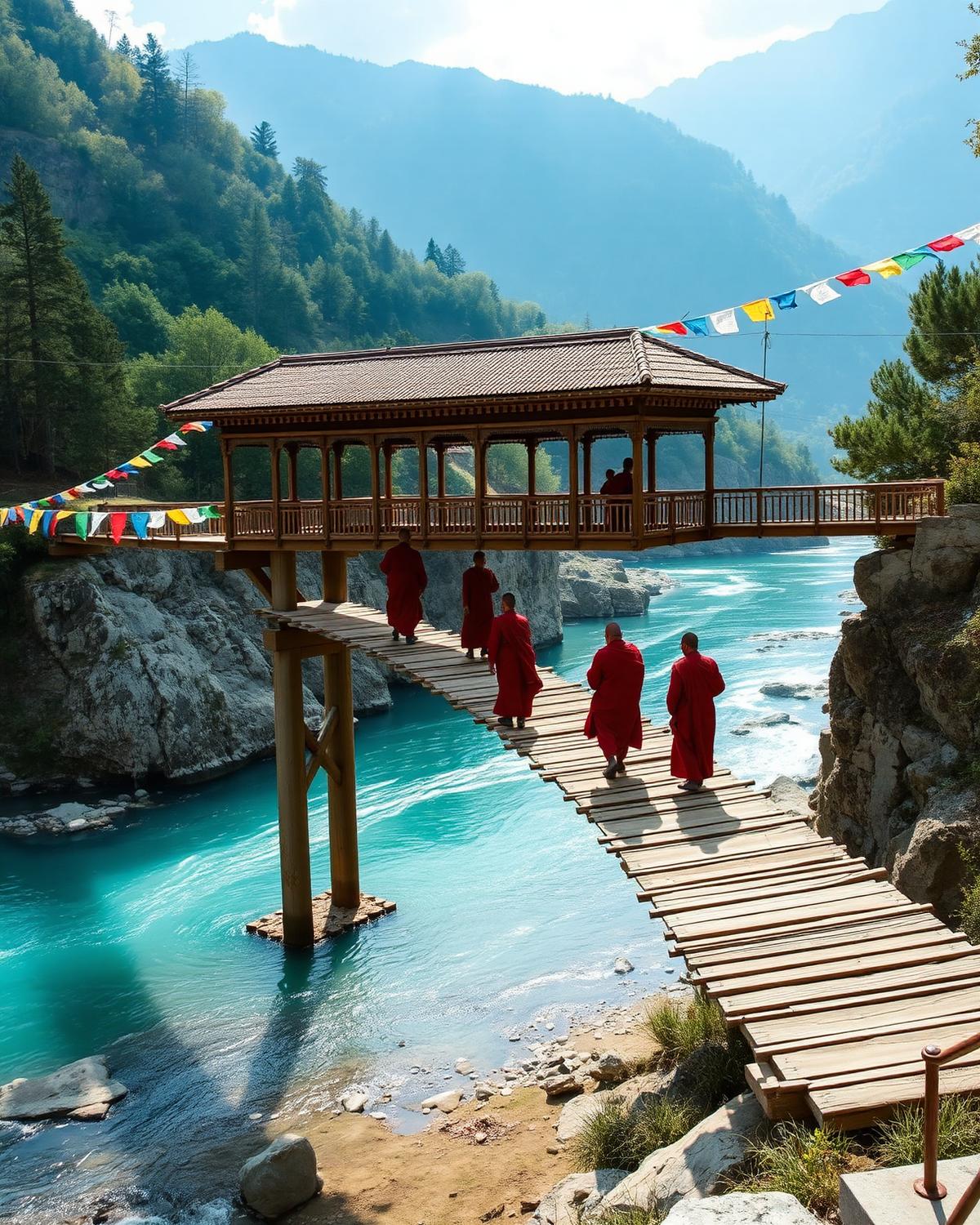 Monks crossing a covered wooden bridge over a turquoise river in Bhutan