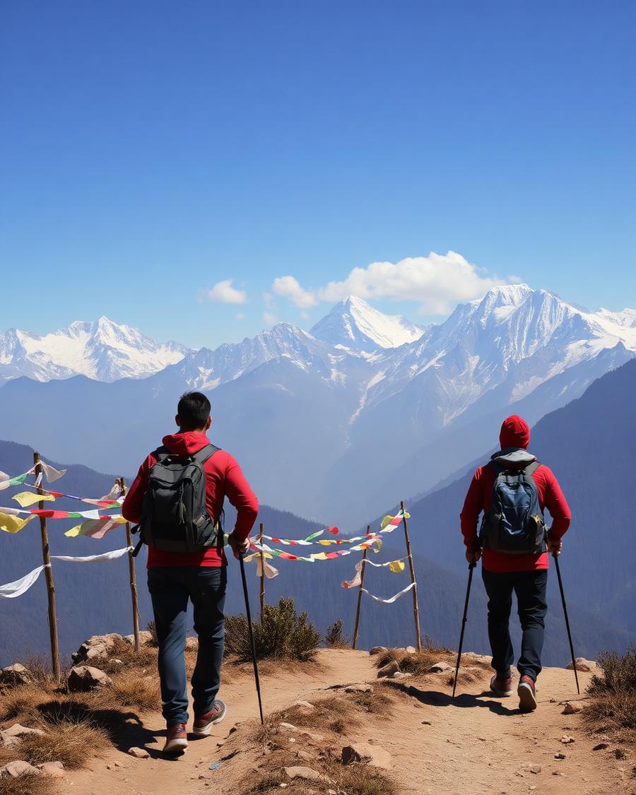 Walkers on a high Himalayan trail with prayer flags and snow peaks
