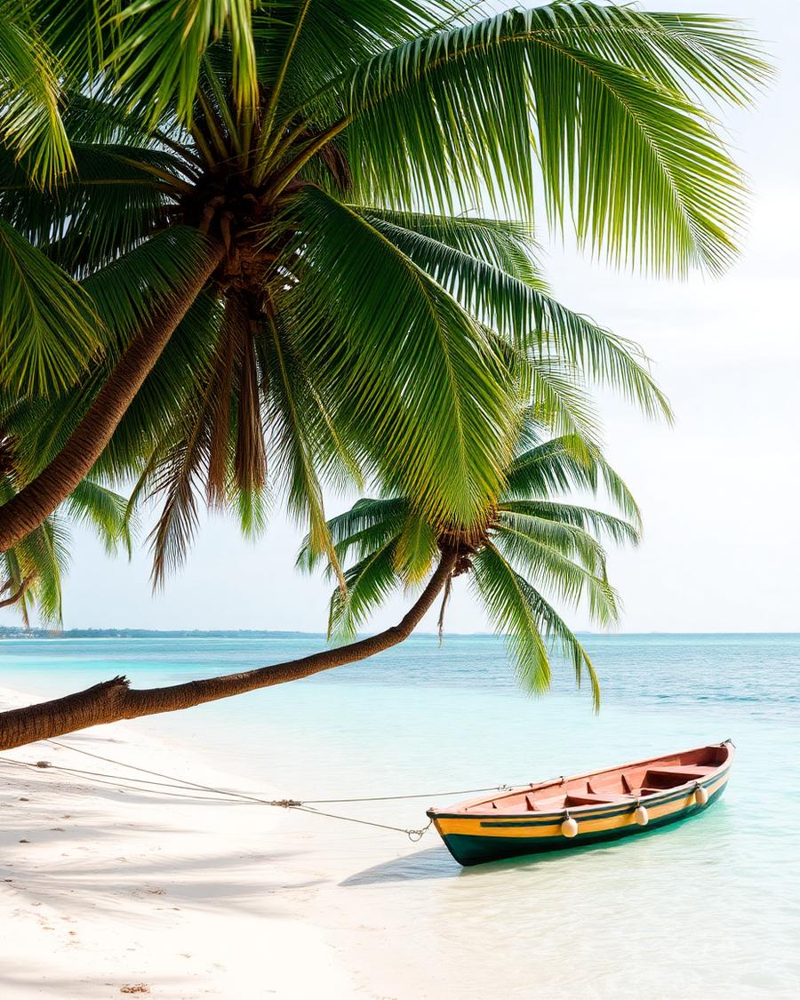 A quiet palm fringed beach with a wooden boat in Bahia