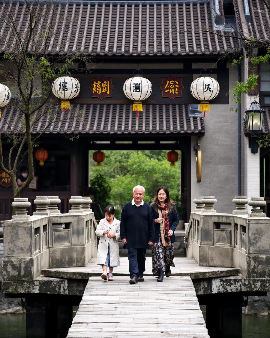 A family crossing a stone bridge in a classical water town