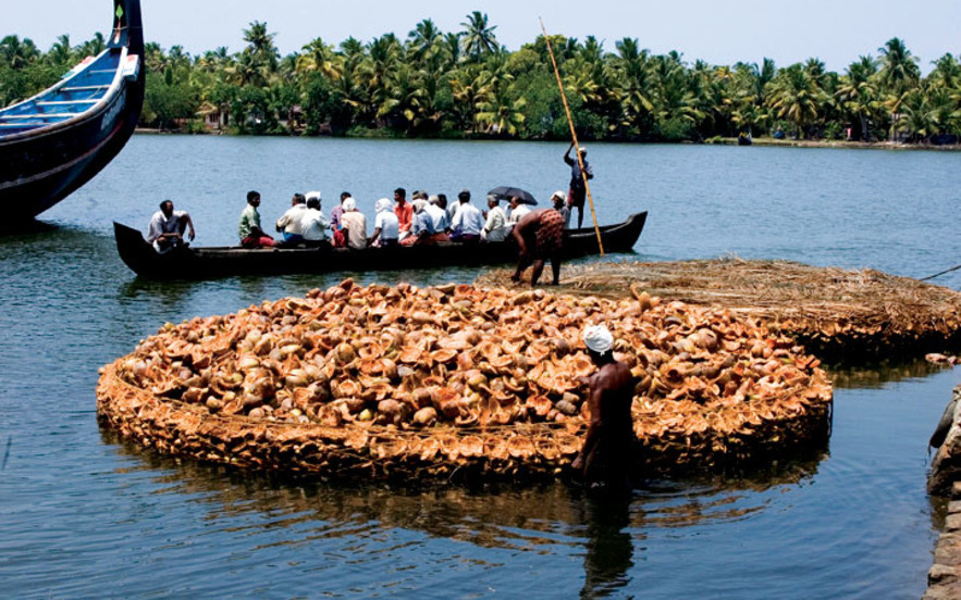 Coir husks drying on the water beside a village ferry on the Kerala backwaters