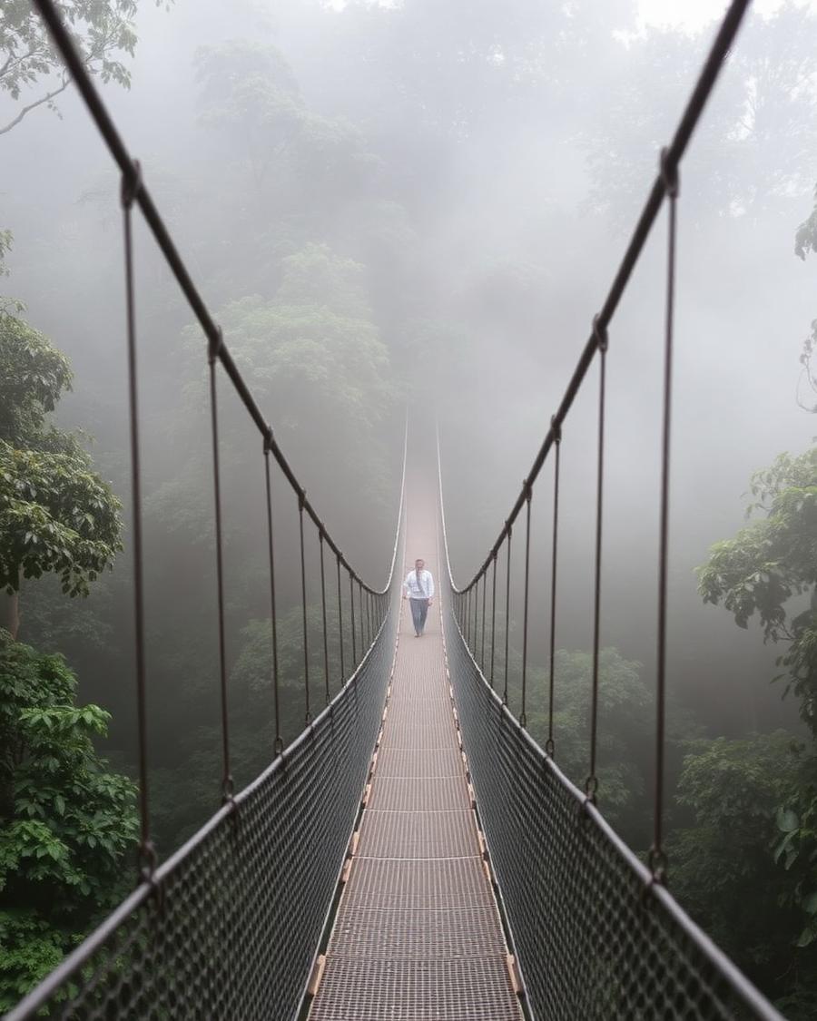 A hanging bridge through misty cloud forest canopy at Monteverde