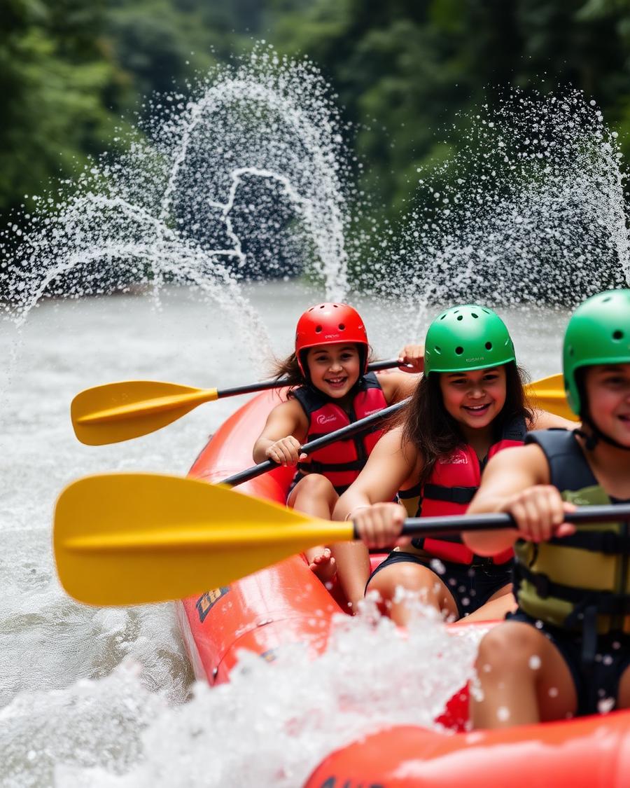 A family rafting a jungle river in Costa Rica