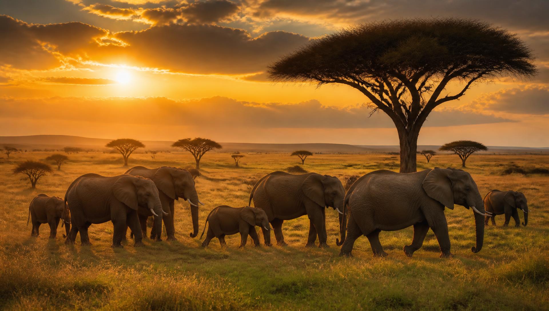 Elephants crossing the plains of the Masai Mara at sunset