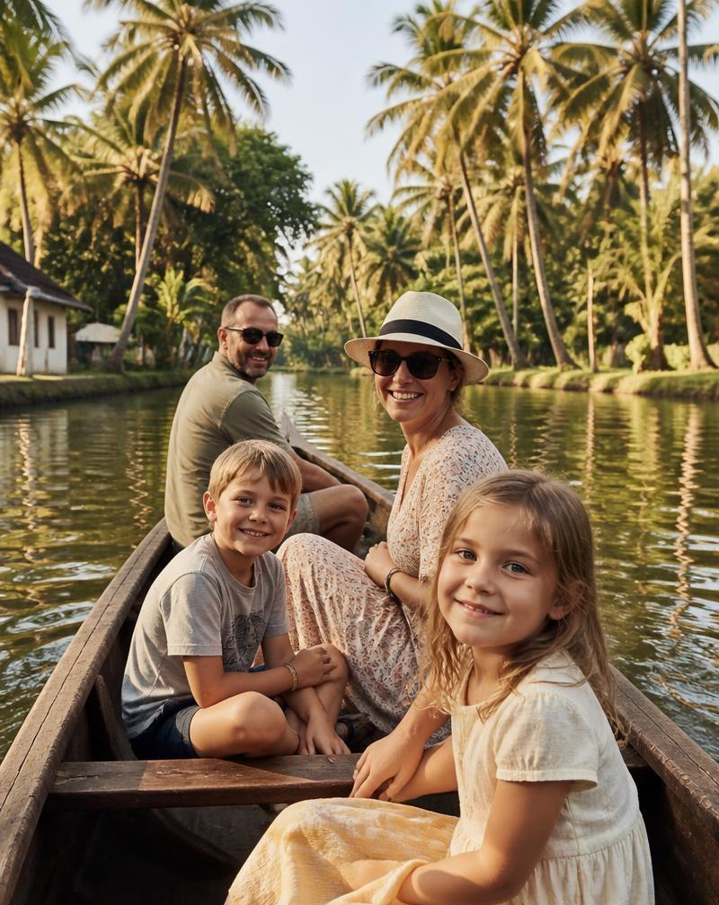 A family walking a spice garden path in Kerala with a local guide