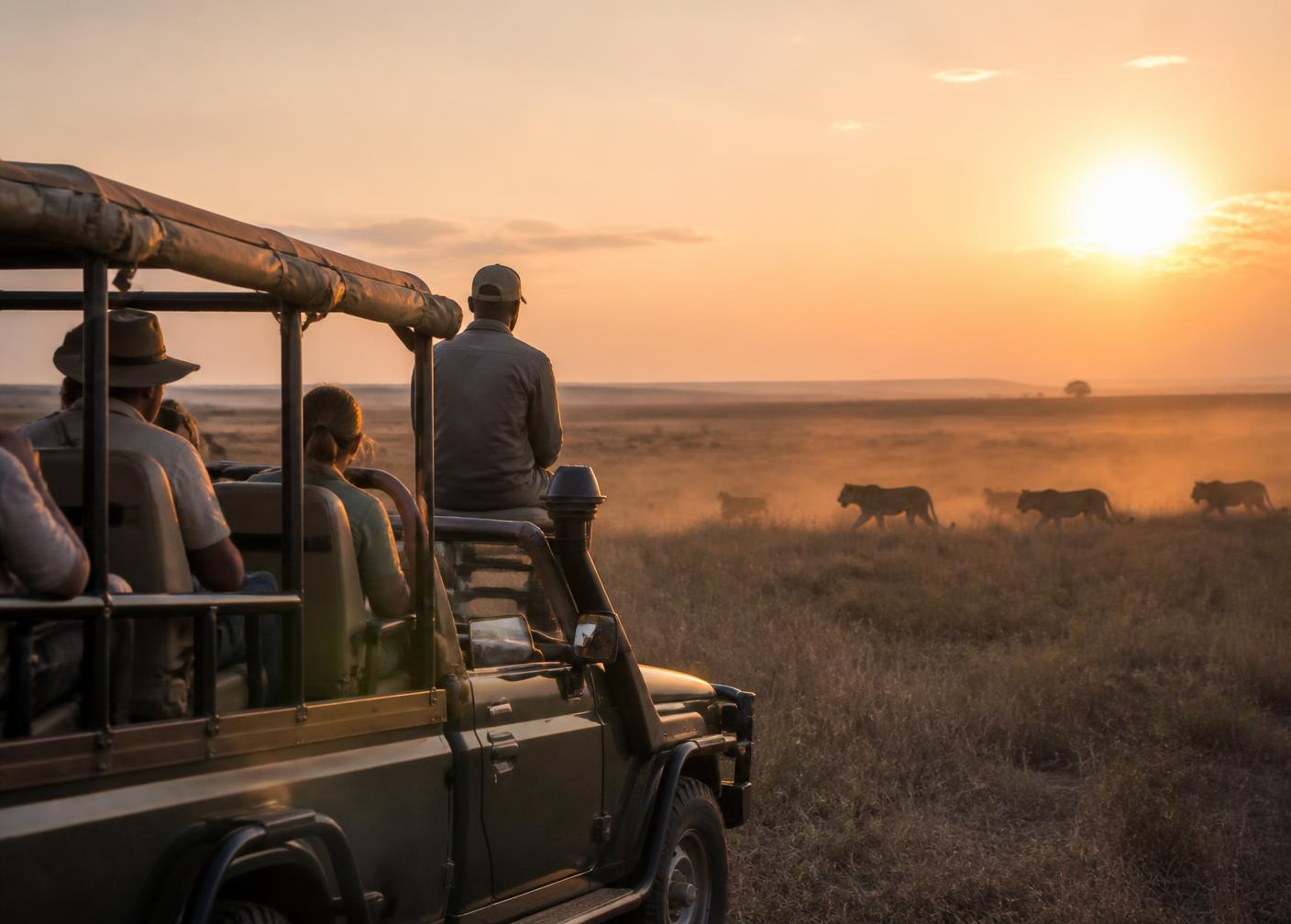 A game drive vehicle watching lions at sunrise on the plains of Kenya