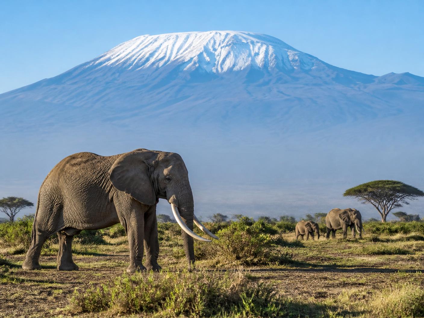 Elephants below Mount Kilimanjaro in Amboseli on a nine night Kenya safari