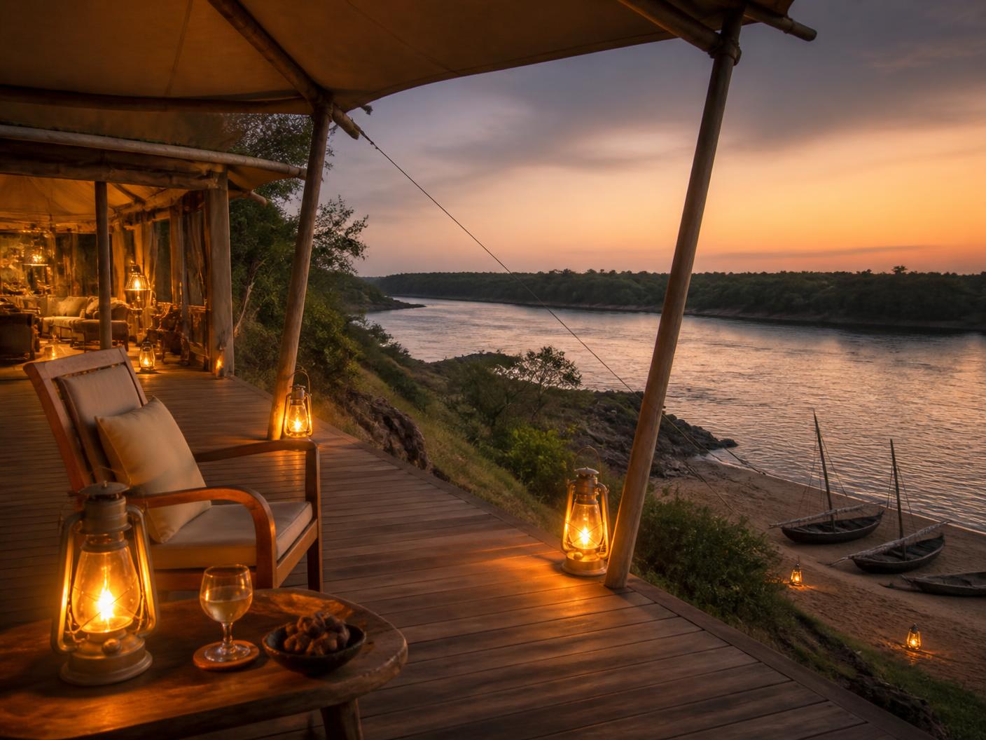 A lantern lit camp veranda above the water at dusk in Kenya